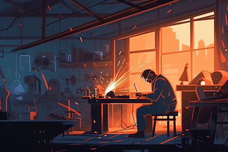 Welder at work in his workshop. He is welding a pipe.の素材