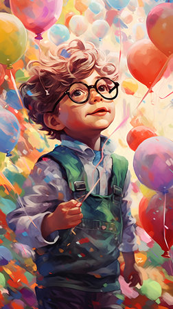 Portrait of a little boy in glasses with balloons. Vector illustration.の素材