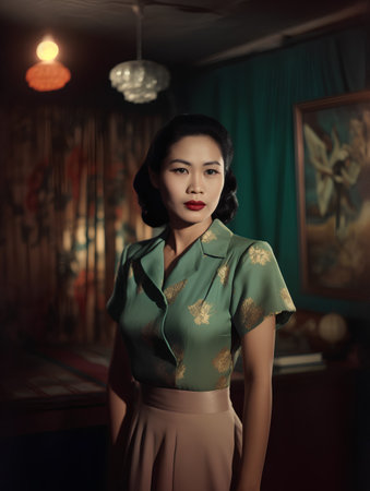 Portrait of beautiful Asian woman in vintage interior. Retro style.の素材