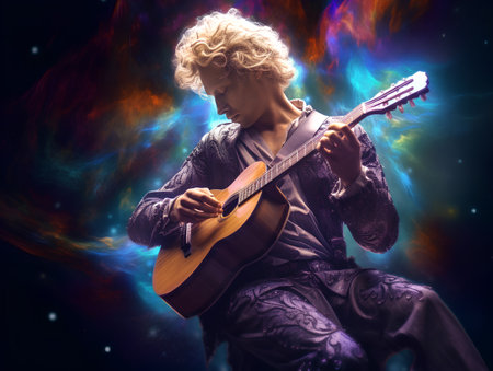 Young man playing the guitar on colorful cosmic background. Music concept.の素材