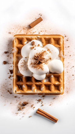 Belgian waffles with whipped cream and cinnamon on a white backgroundの素材