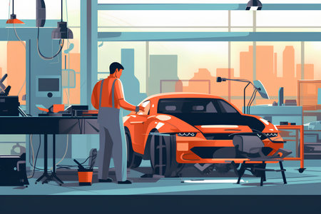 Car service station. Mechanic working in auto repair shop. Vector illustrationの素材