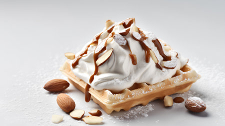 Belgian waffles with whipped cream and almonds on white background.の素材