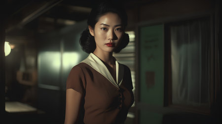 Portrait of a beautiful asian woman in brown dress at nightの素材