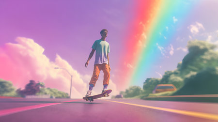 Skateboarder riding a skateboard on a road with rainbow backgroundの素材