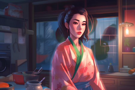 Beautiful asian woman in kimono standing in the kitchenの素材
