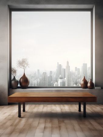 Wooden table with vases in modern room with city view. 3D Renderingの素材