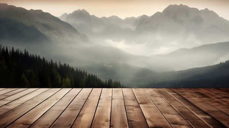 Wooden floor against the backdrop of the mountain range in the fogの素材
