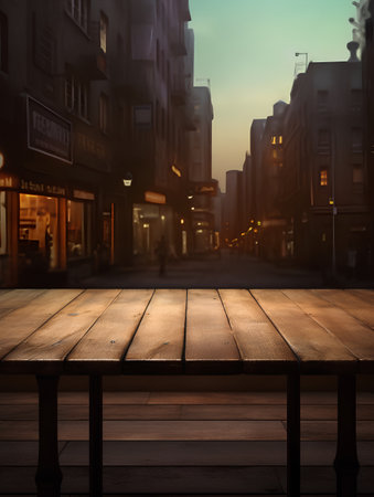 Empty table for product display montages with city view background, product mockupの素材