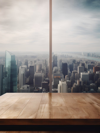 Empty wooden table with cityscape on background. Mock up, 3D Renderingの素材
