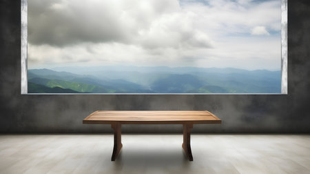 Wooden table in a room with mountain view, 3d renderの素材