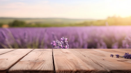 Wooden table in front of lavender field at sunset, blurred backgroundの素材