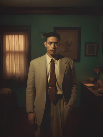 Portrait of a man wearing a suit and tie in a roomの素材
