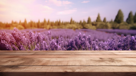 Empty wooden table over lavender field background, product display montageの素材