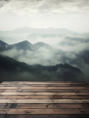 Wooden table against misty landscape in the mountains. Collage.の素材