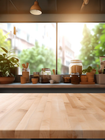 Empty wooden table and Coffee shop blur background with bokeh image.の素材
