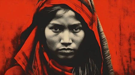 Portrait of a woman with red scarf on grunge background.の素材