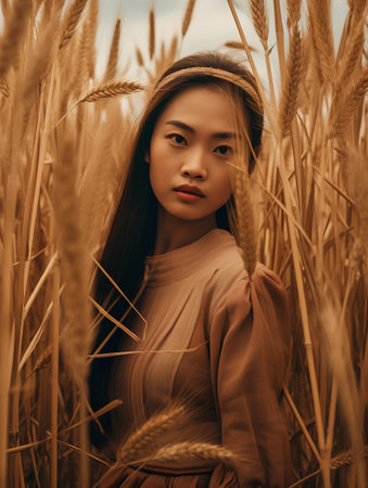 Portrait of a beautiful young asian woman in wheat field.の素材
