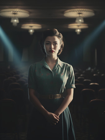Beautiful young woman in a vintage dress in the auditorium.の素材