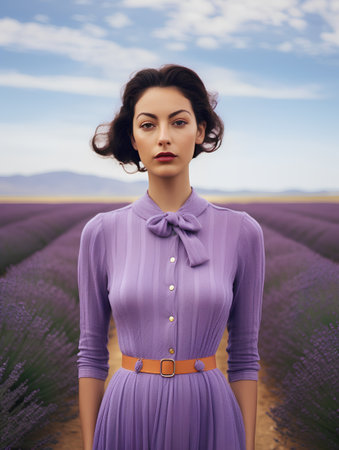 fashion outdoor photo of beautiful sensual woman with dark hair in elegant dress posing in lavender fieldの素材