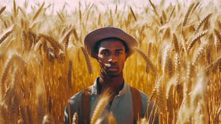 Young african american man in hat standing in wheat field.の素材
