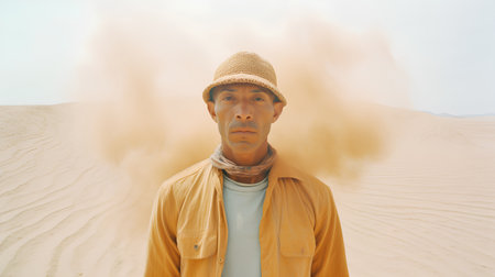 Portrait of a middle-aged man in a hat and a yellow jacket standing in the desert.の素材