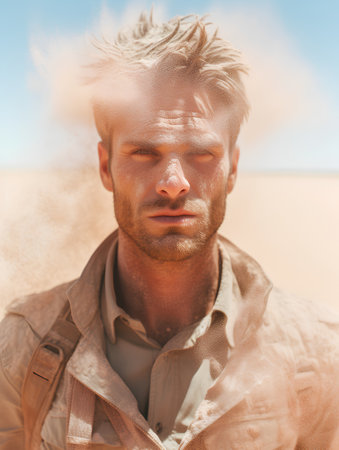 Portrait of a young man in a trench coat. Men's beauty, fashion.の素材