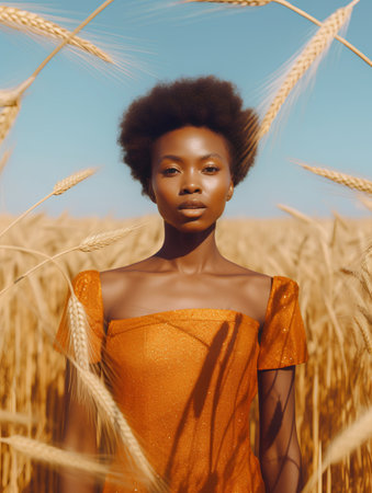 African american woman in orange dress at wheat field. Fashion model with afro hairstyle.の素材