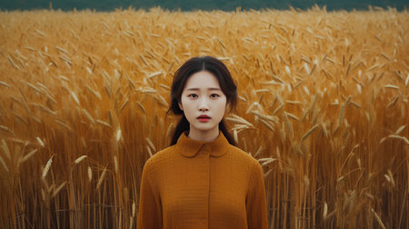 Young beautiful asian woman in yellow sweater standing in wheat field.の素材
