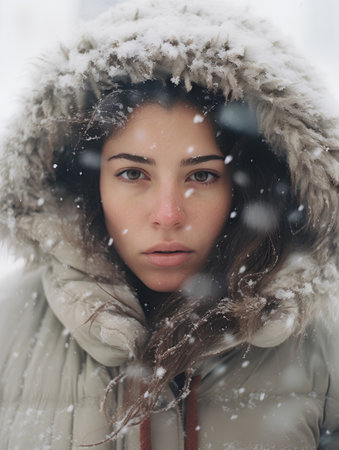 Portrait of a beautiful young woman in a winter park. Snowfall.の素材
