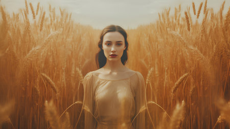 Portrait of a beautiful young woman in a wheat field. Beauty, fashion.の素材