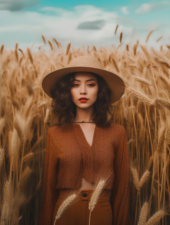 Portrait of a beautiful girl in a hat on a wheat field.の素材