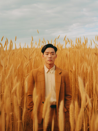 Young handsome asian man in brown suit standing in wheat field.の素材
