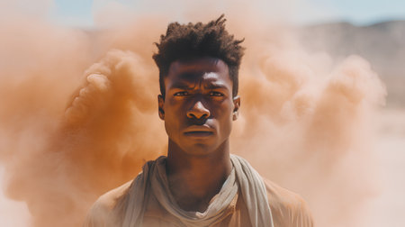 Portrait of a young black man with dreadlocks in the desertの素材