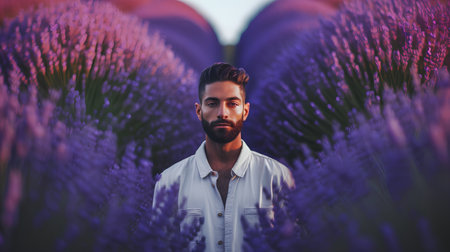 Man with beard and mustache in lavender field. Portrait of handsome bearded man in white shirt.の素材