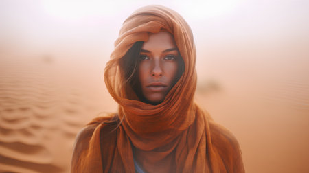 Portrait of a beautiful young woman with a scarf on her head in the desertの素材