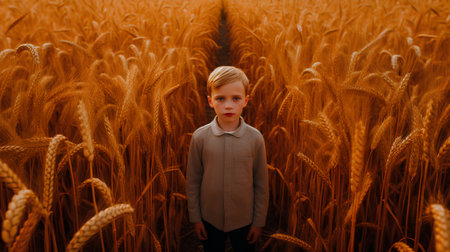 Cute little boy in a wheat field on a summer day.の素材