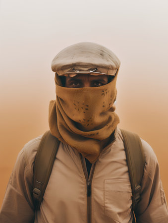 Portrait of a man in a beret with a backpack on his backの素材