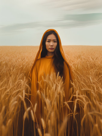Beautiful asian woman in orange cloth on wheat field at sunsetの素材