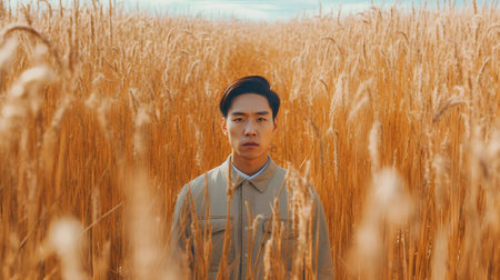 Young asian man standing in wheat field and looking at camera.の素材