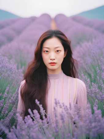 Portrait of beautiful asian woman in lavender flower field.の素材