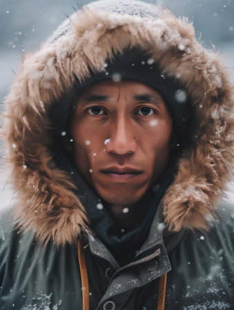 Portrait of a young Asian man in a winter jacket and hat.の素材