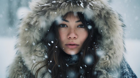 Winter portrait of young beautiful woman in fur coat on winter background.の素材