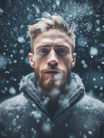 Portrait of a handsome young man with a red beard in the rain on a cold winter day.の素材