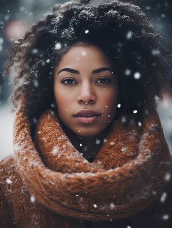 Beautiful african american woman with afro hairstyle in knitted scarf and fur coat. Snowfall.の素材