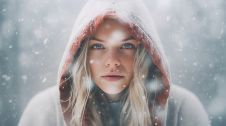 Beautiful young woman in winter forest. Portrait of a girl in the snowの素材