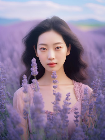 Portrait of beautiful asian woman in lavender flower field.の素材