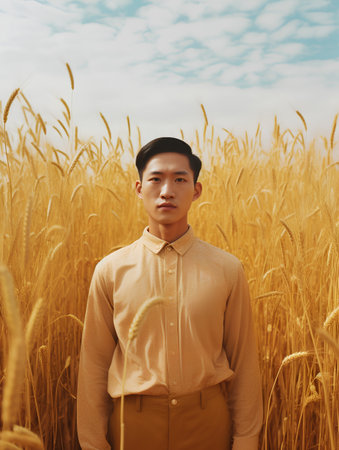 Portrait of a young asian man standing in wheat field.の素材