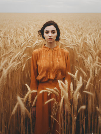 Portrait of a beautiful young woman in orange dress standing in the wheat field.の素材