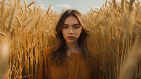 Portrait of a beautiful young brunette woman in a wheat field.の素材